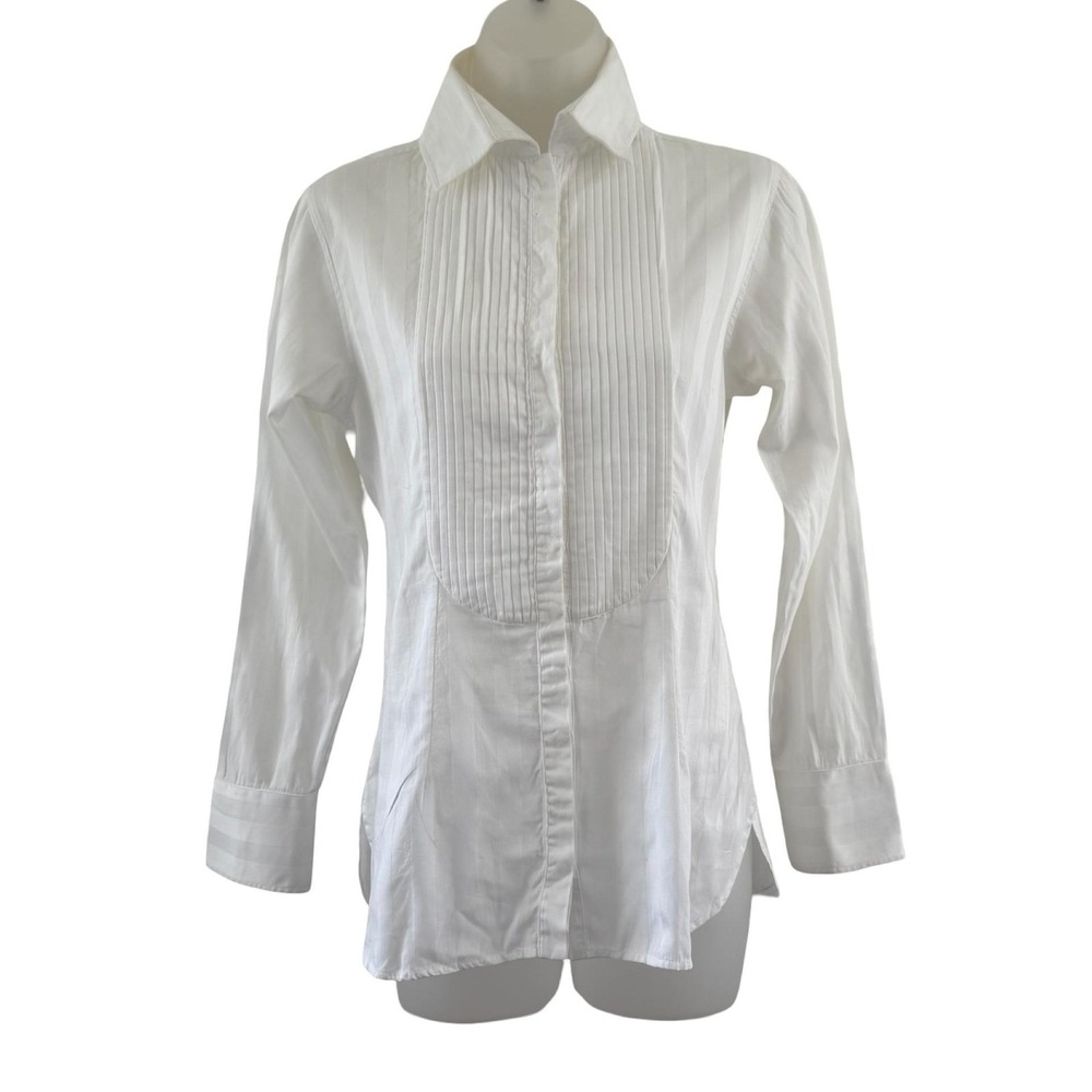 Anne Fontaine Blouse Womens 4 White Tuxedo Pleated Bib Stripe Shirt Made France